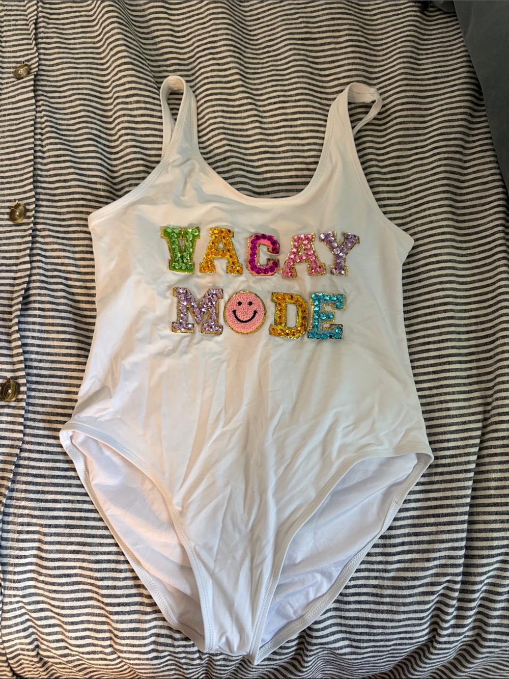 Womens White 'VACAY MODE' Sequin One-Piece Swimsuit